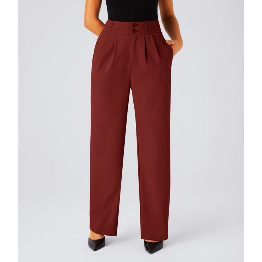 Halara Flex High Waisted Zipper Pocket Shirred Straight Leg Work Pants Burgundy